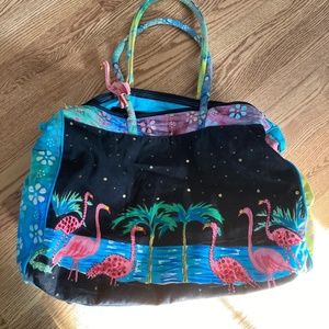 Anne Quasby Flamingo Duffle Weekender Bag Sequins Beachy Painted